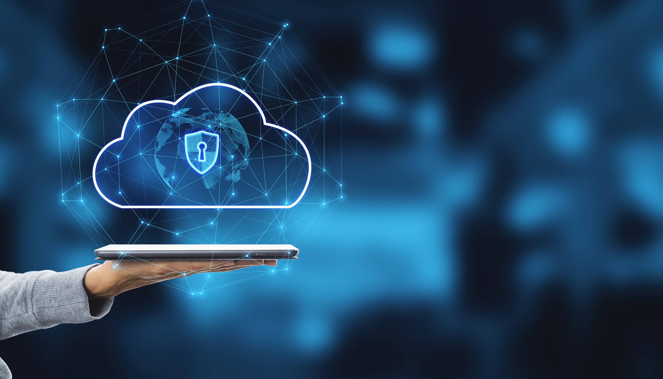 Cloud security concept with tablet showing global data protection